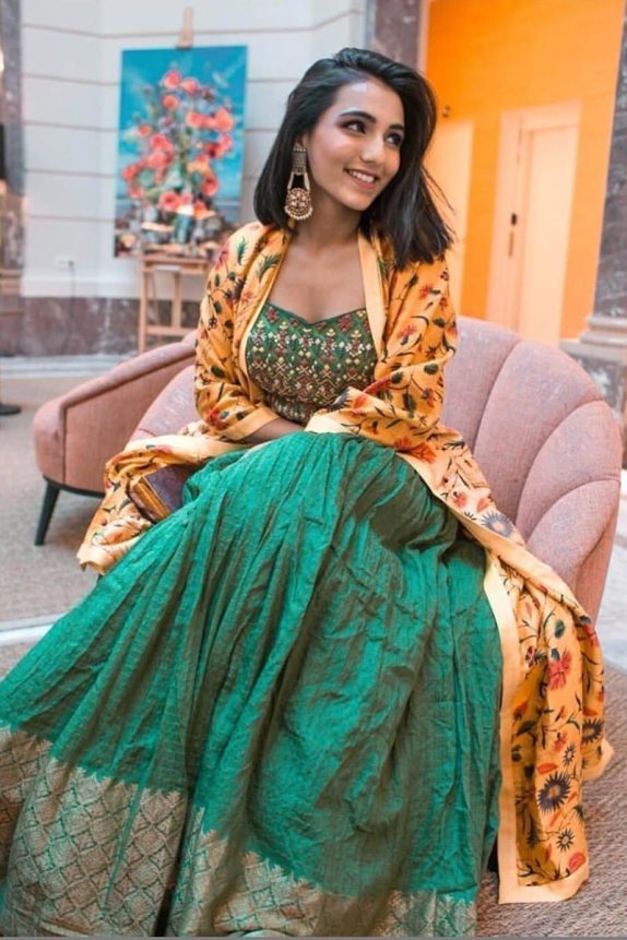 Dark Green Lehenga with a Floral Duppata
