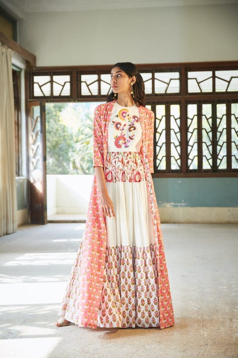 Pink & White Bohemian Maxi Dress with Cape